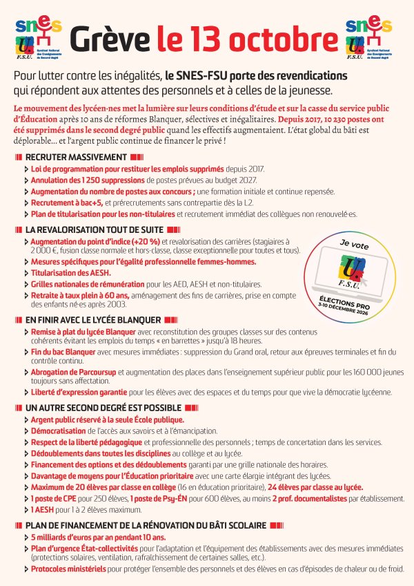 Toutes et tous en grève le mardi 13 octobre et le jeudi 5 novembre